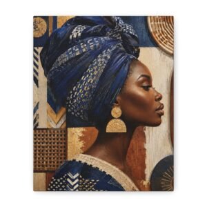 African Woman Portrait Matte Canvas Wall Art — Blue Headwrap Stretched Canvas