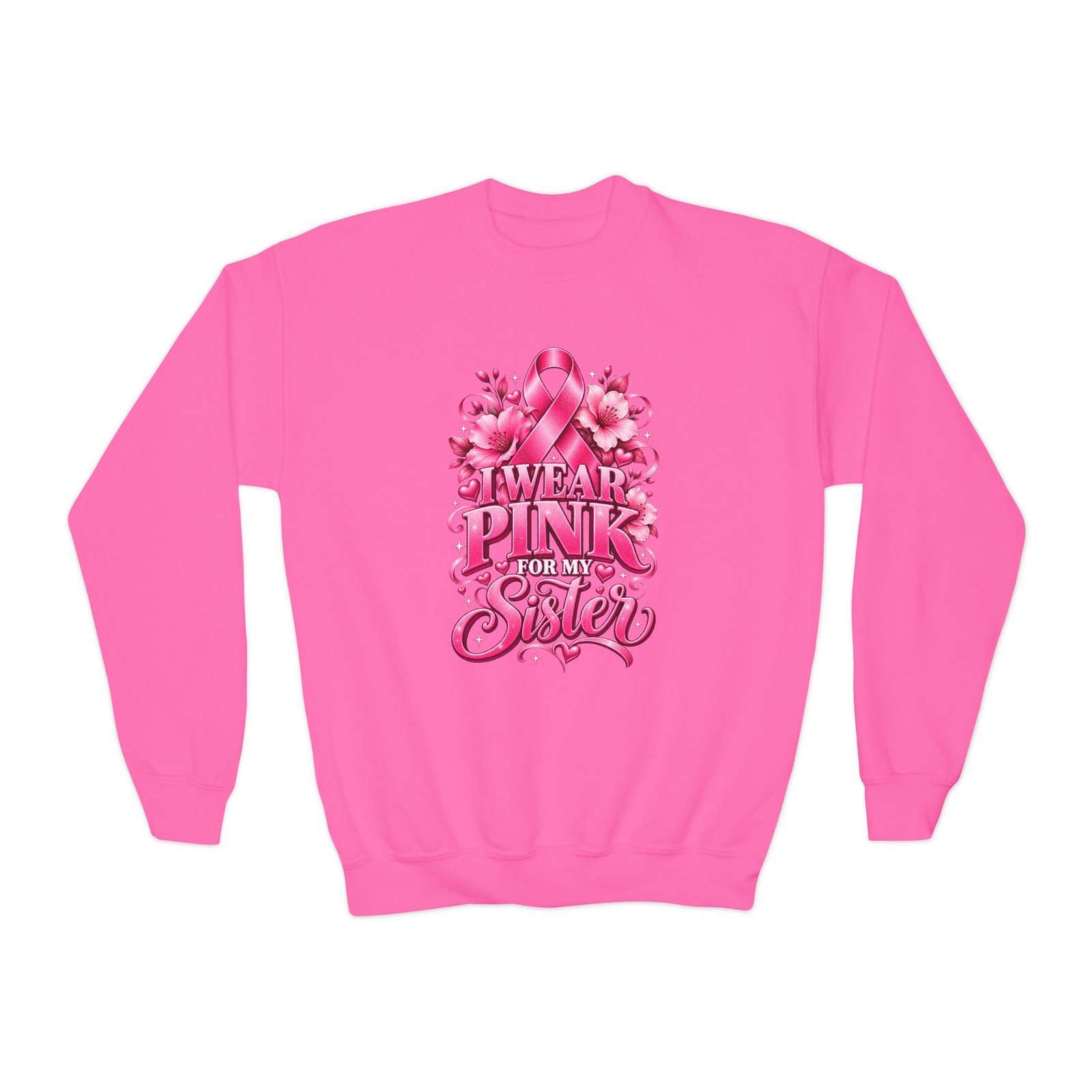 Youth Crewneck Sweatshirt — I Wear Pink For My Sister Breast Cancer Awareness Design - Image 11