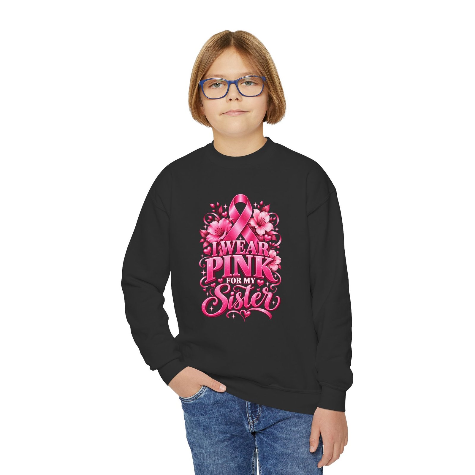 Youth Crewneck Sweatshirt — I Wear Pink For My Sister Breast Cancer Awareness Design - Image 4
