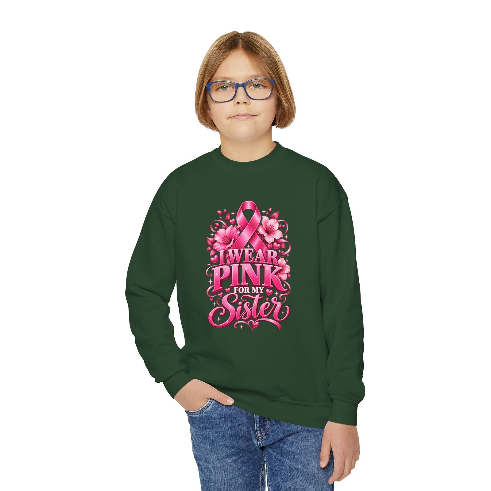 Youth Crewneck Sweatshirt — I Wear Pink For My Sister Breast Cancer Awareness Design - Image 8