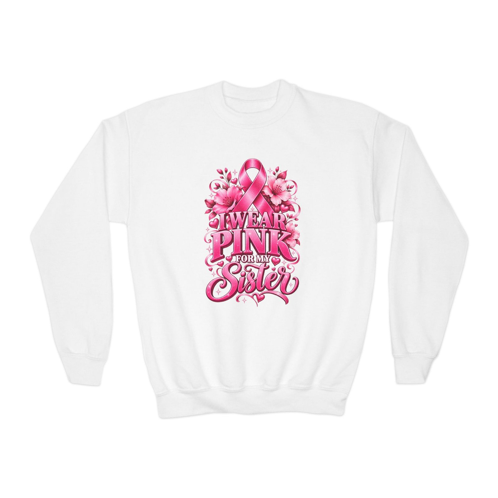 Youth Crewneck Sweatshirt — I Wear Pink For My Sister Breast Cancer Awareness Design - Image 1