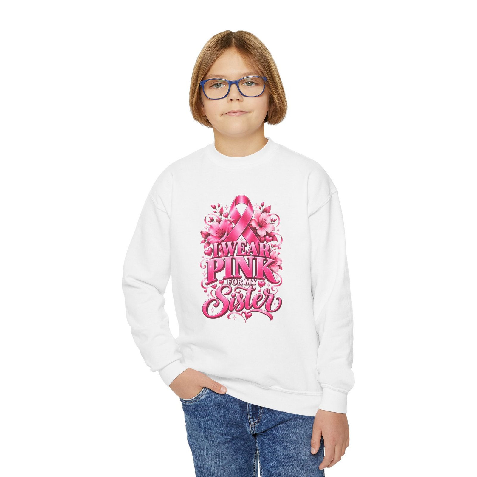 Youth Crewneck Sweatshirt — I Wear Pink For My Sister Breast Cancer Awareness Design - Image 2
