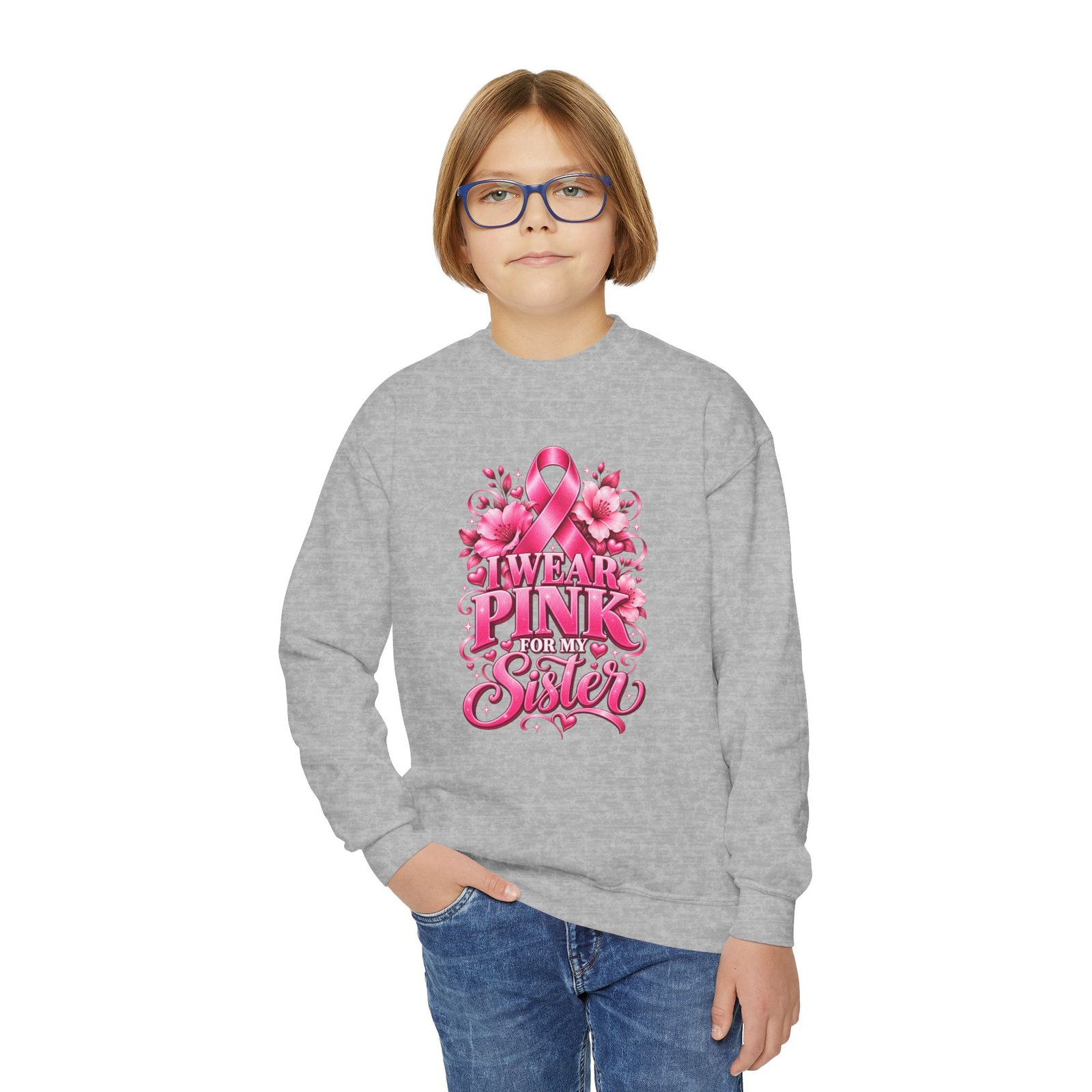 Youth Crewneck Sweatshirt — I Wear Pink For My Sister Breast Cancer Awareness Design - Image 6