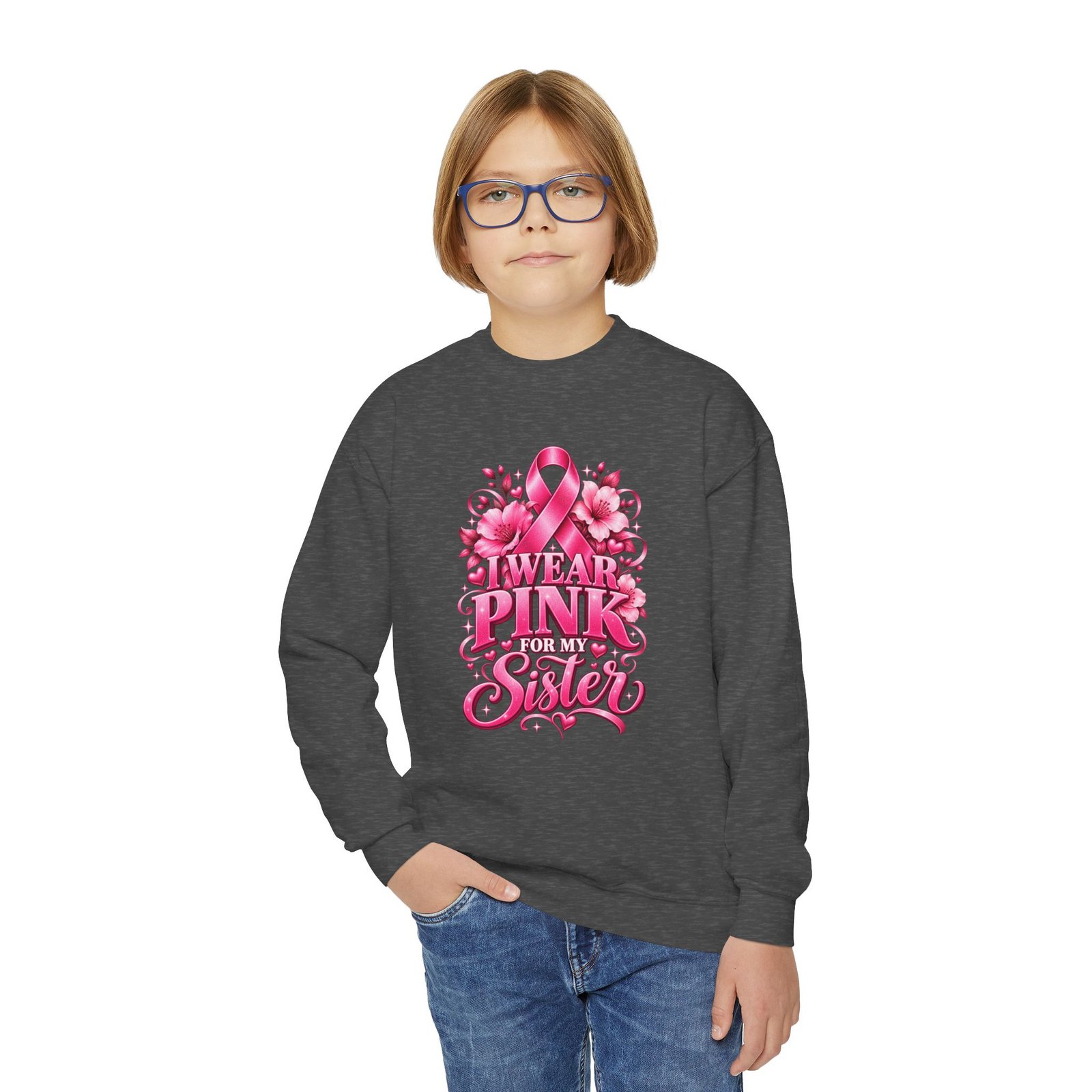 Youth Crewneck Sweatshirt — I Wear Pink For My Sister Breast Cancer Awareness Design - Image 10