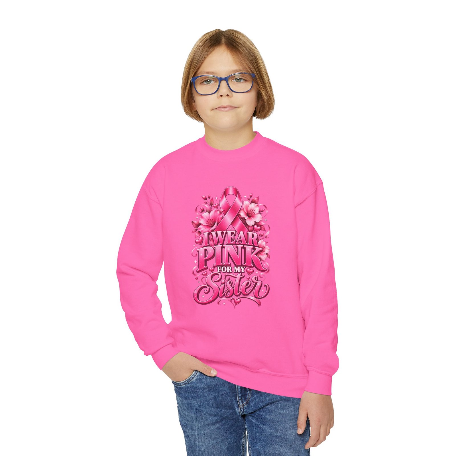 Youth Crewneck Sweatshirt — I Wear Pink For My Sister Breast Cancer Awareness Design - Image 12