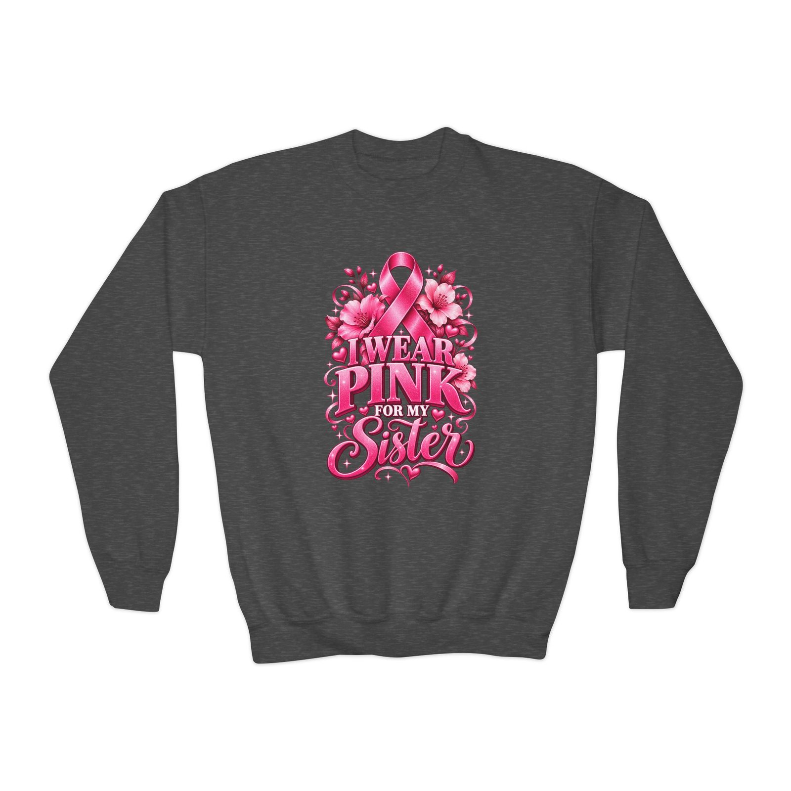 Youth Crewneck Sweatshirt — I Wear Pink For My Sister Breast Cancer Awareness Design - Image 9